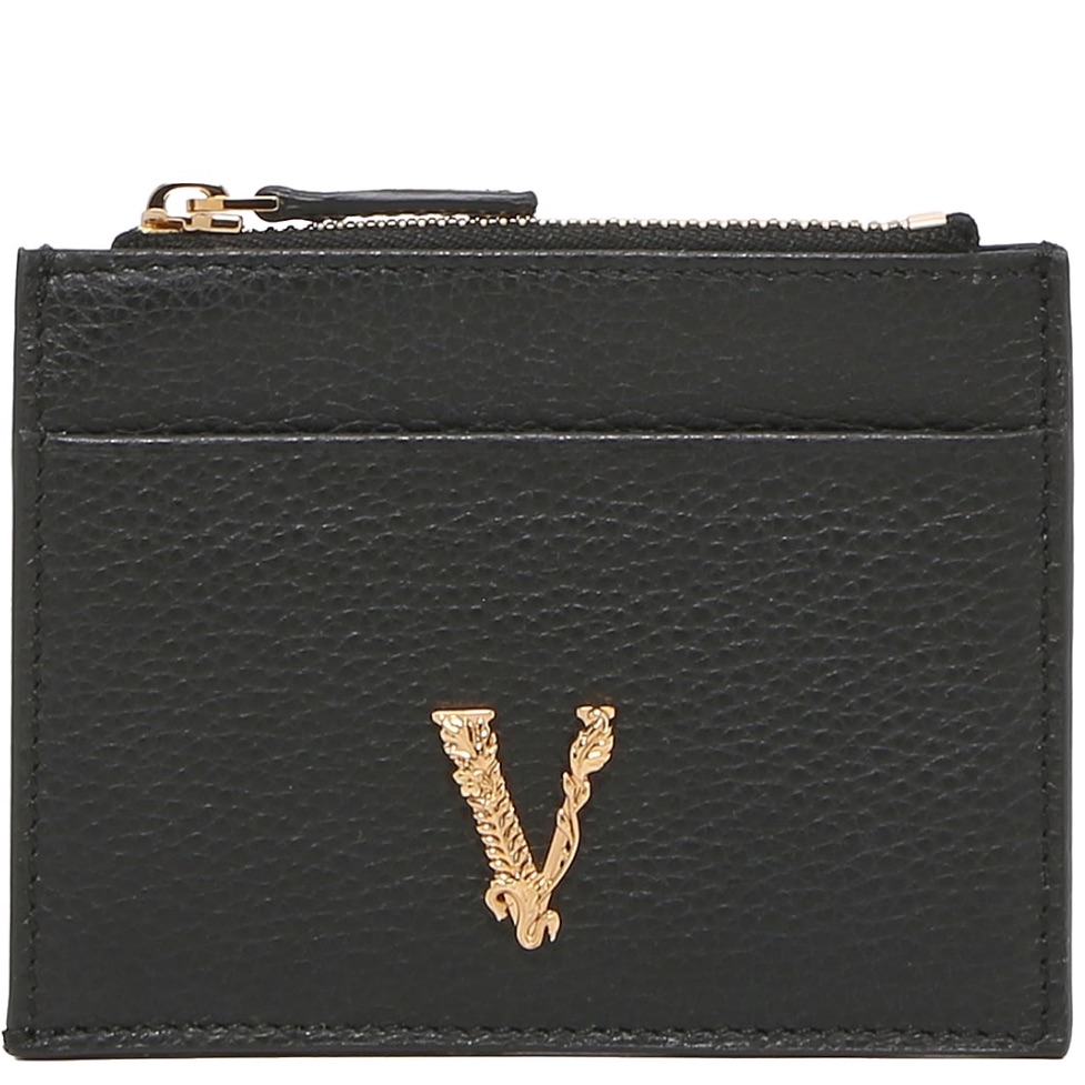 Versace Virtus Grained Leather Logo Monogram Zip Up Card Holder Wallet Nwb